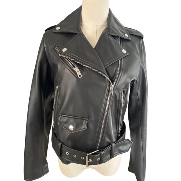 ZARA Small Black Faux Leather Belted Jacket Belted Waist & Zipper Pockets - Picture 1 of 15